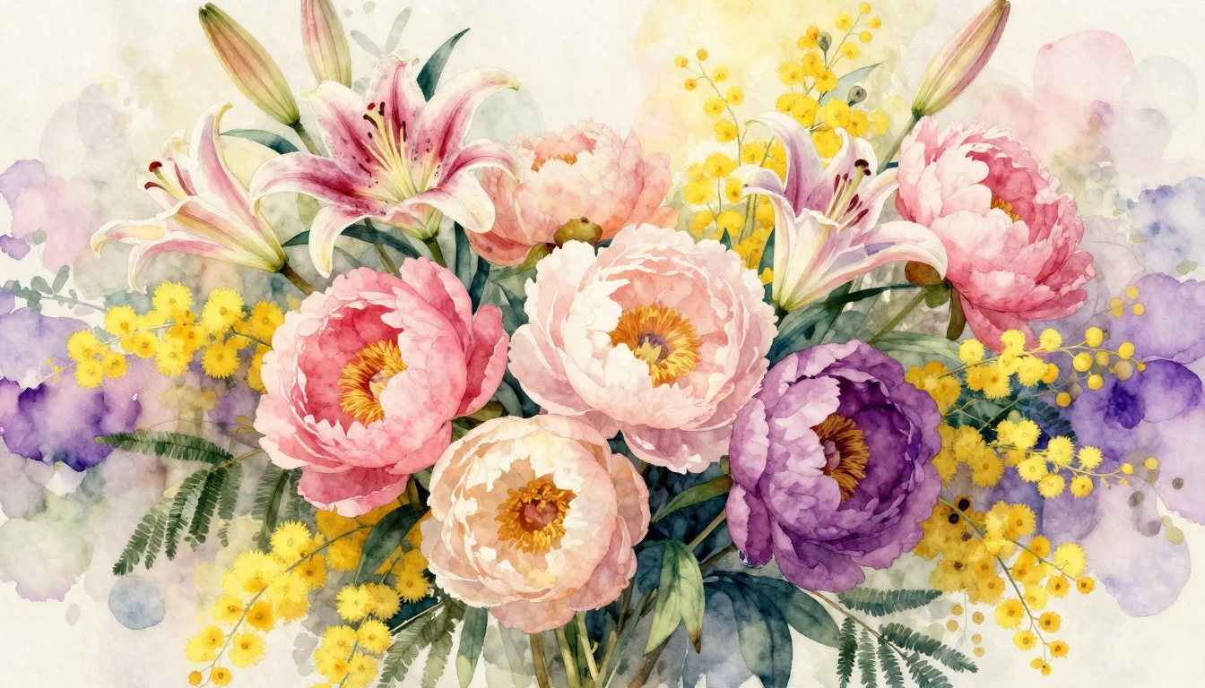 A vibrant watercolor painting featuring a lush bouquet of di...