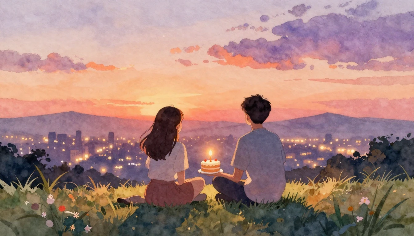 A heartwarming watercolor painting of two friends sitting si...