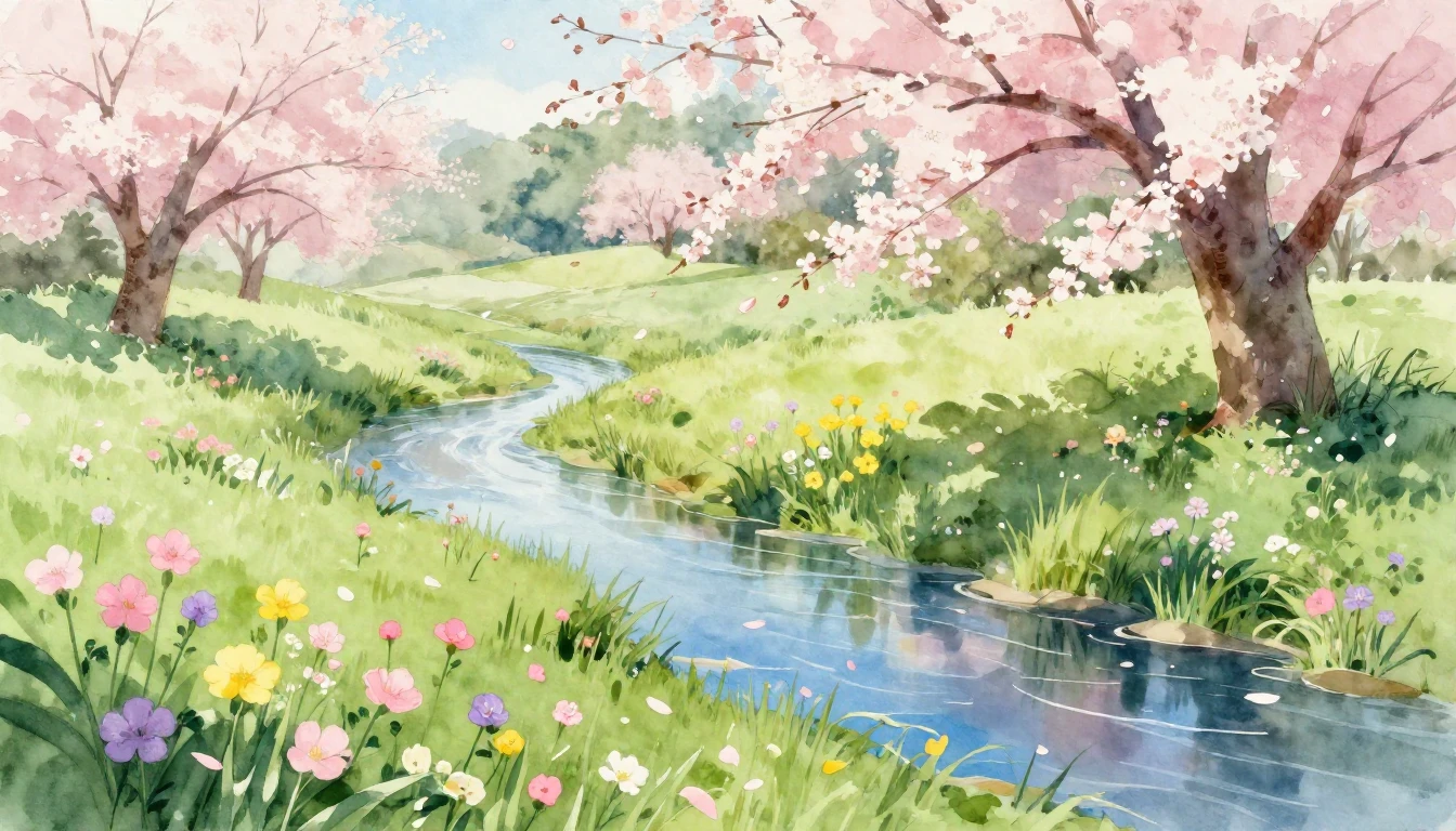 A serene spring landscape depicted in soft watercolor washes...
