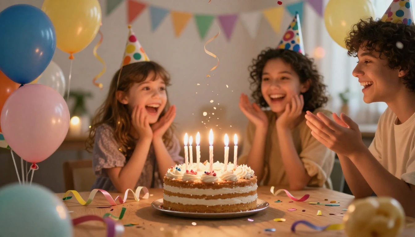 A festive and vibrant birthday celebration scene focusing on...