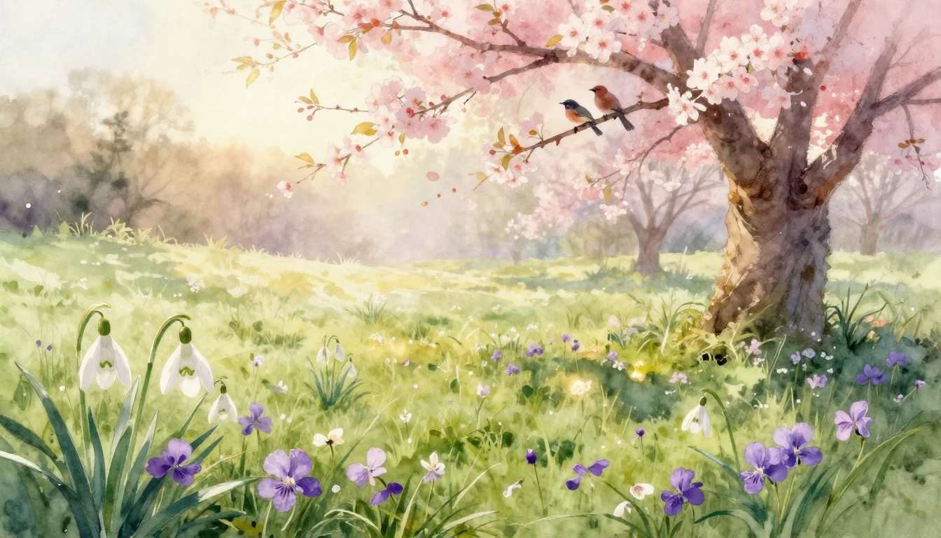A beautiful watercolor painting of a lush spring meadow at s...