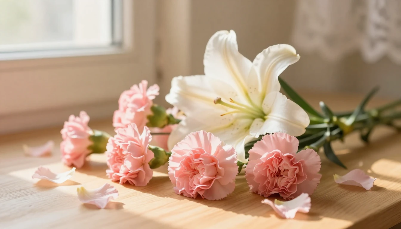 A beautiful and serene scene depicting a delicate bouquet of...