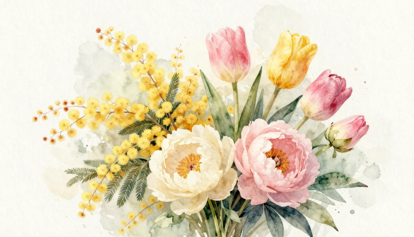 A beautiful and delicate watercolor painting of a lush bouqu...