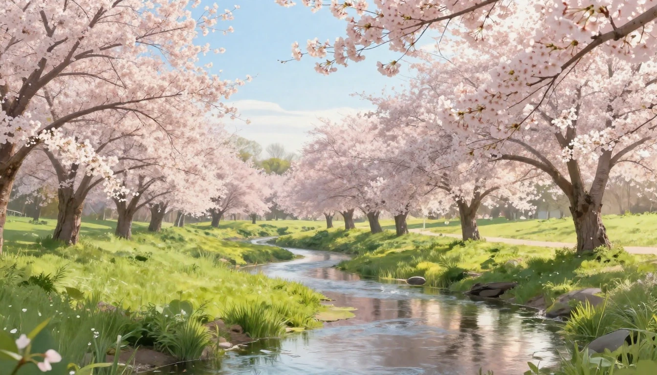 A serene spring landscape in soft pastel colors. Delicate ch...