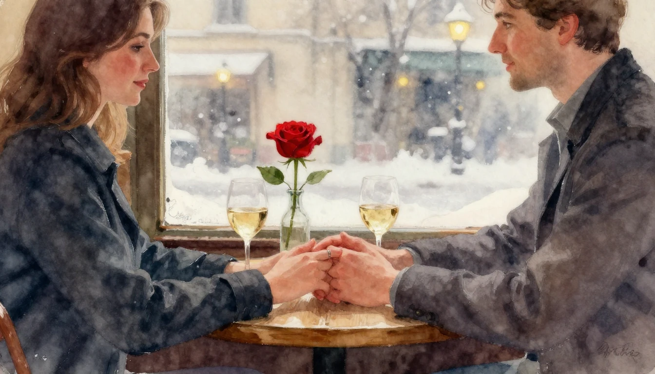 A romantic watercolor painting featuring an intimate close-u...