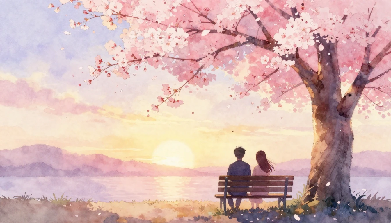 A soft watercolor painting of two silhouettes sitting on a b...