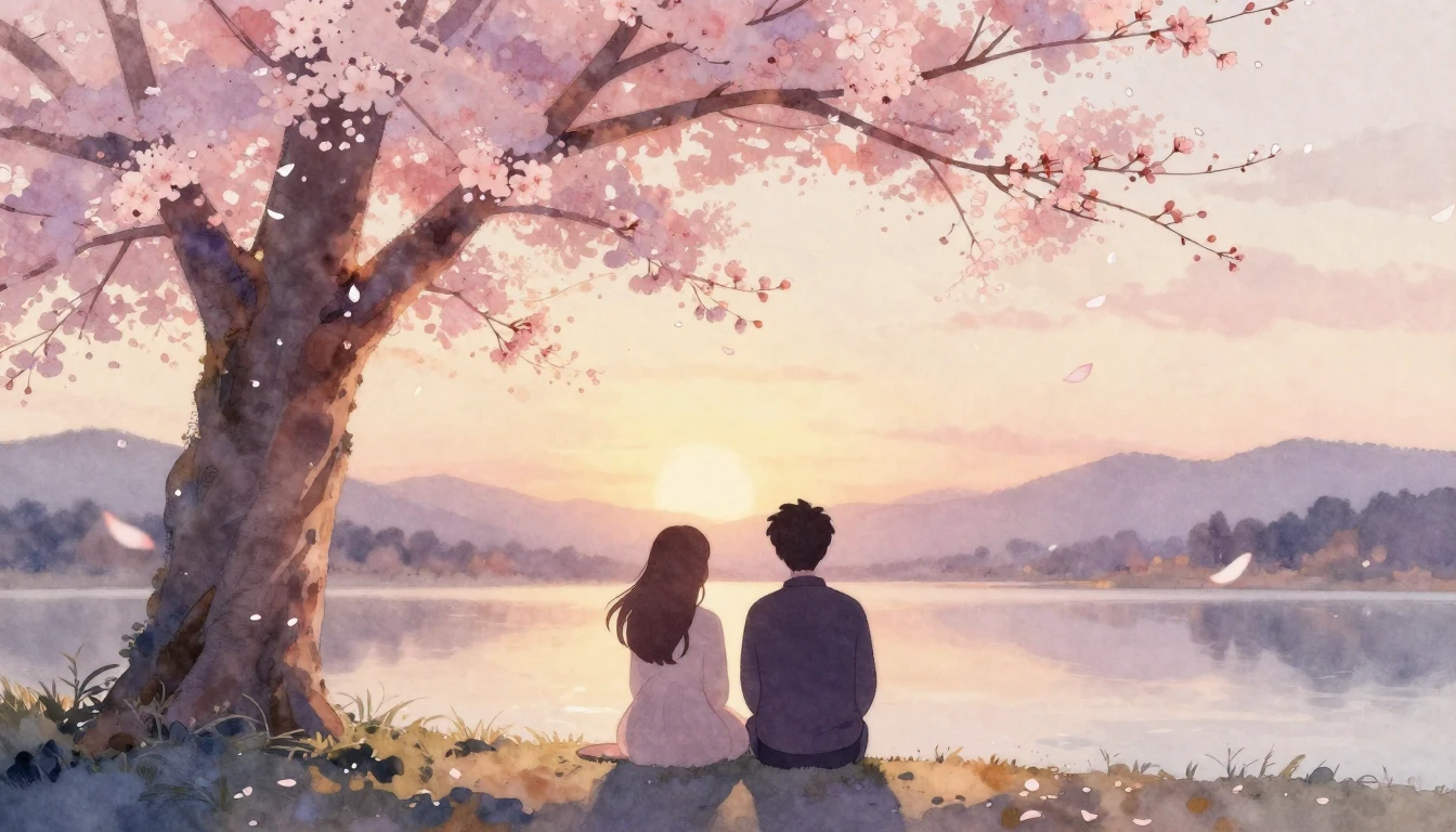 A delicate watercolor painting of two stylized silhouettes s...