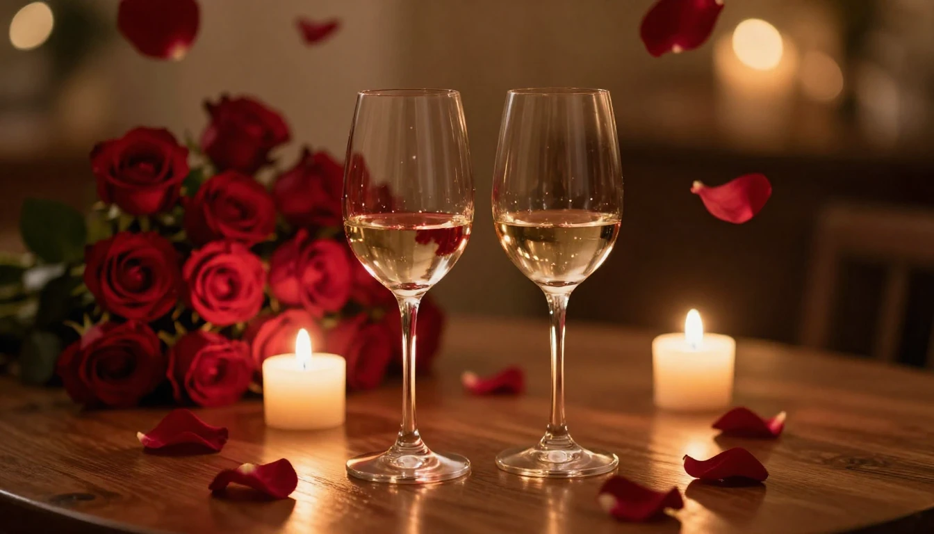 A breathtakingly romantic scene featuring two elegant wine g...