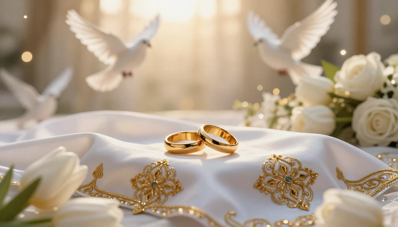 A romantic and festive wedding scene, golden hour lighting, ...