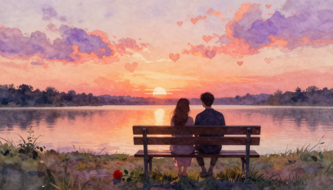 A romantic and dreamy watercolor painting featuring two silh...