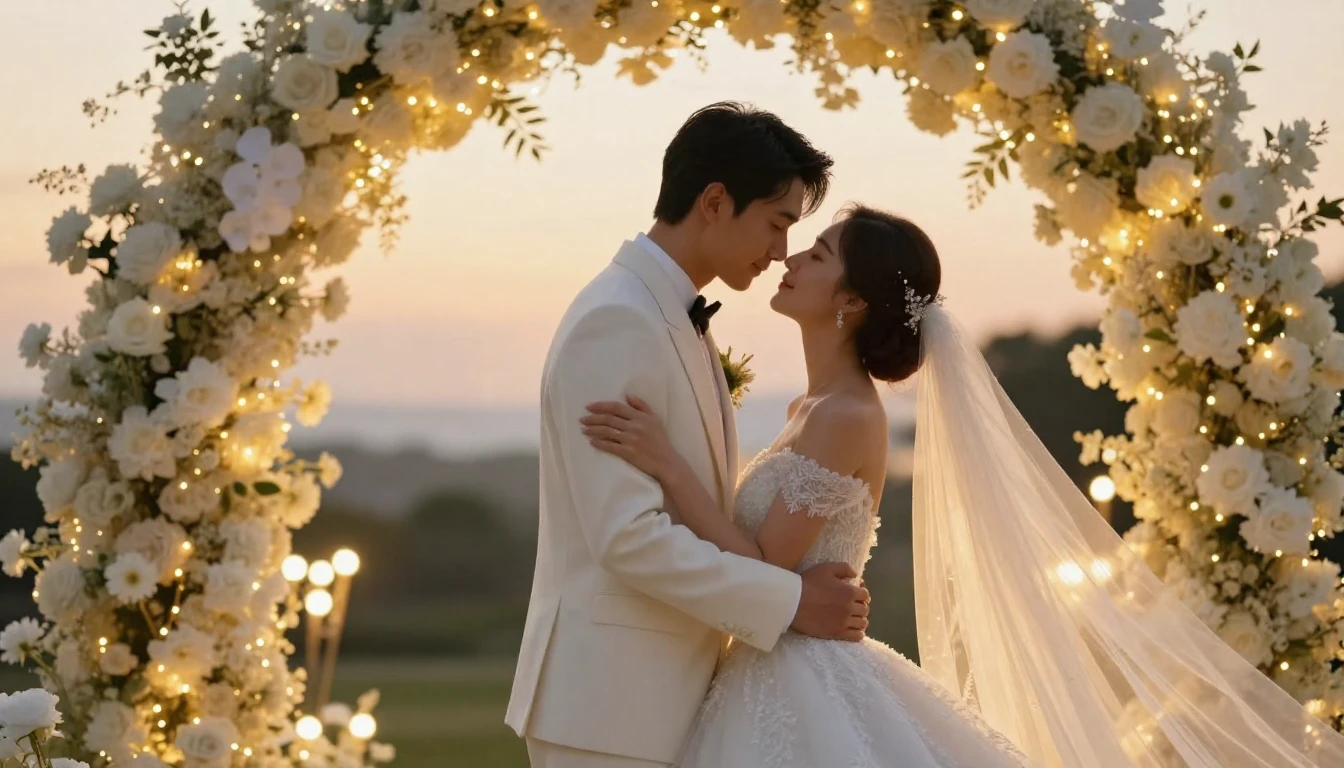 A breathtaking cinematic shot of a bride and groom embracing...