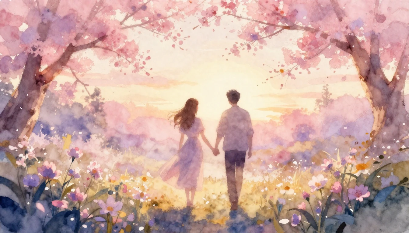 A dreamy watercolor painting of two silhouettes walking hand...