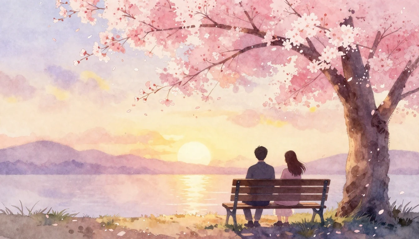 A soft watercolor painting of two silhouettes sitting on a b...