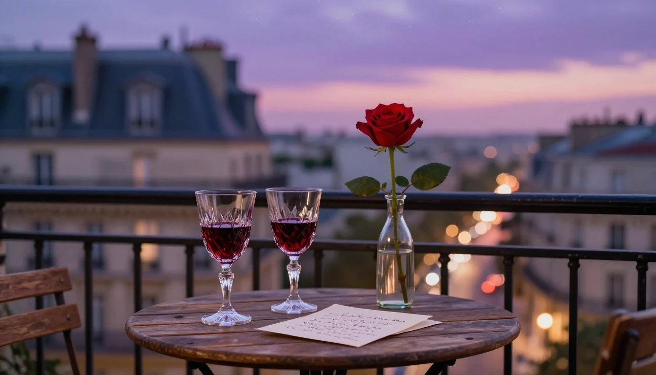 A highly romantic and intimate scene set on a small balcony ...