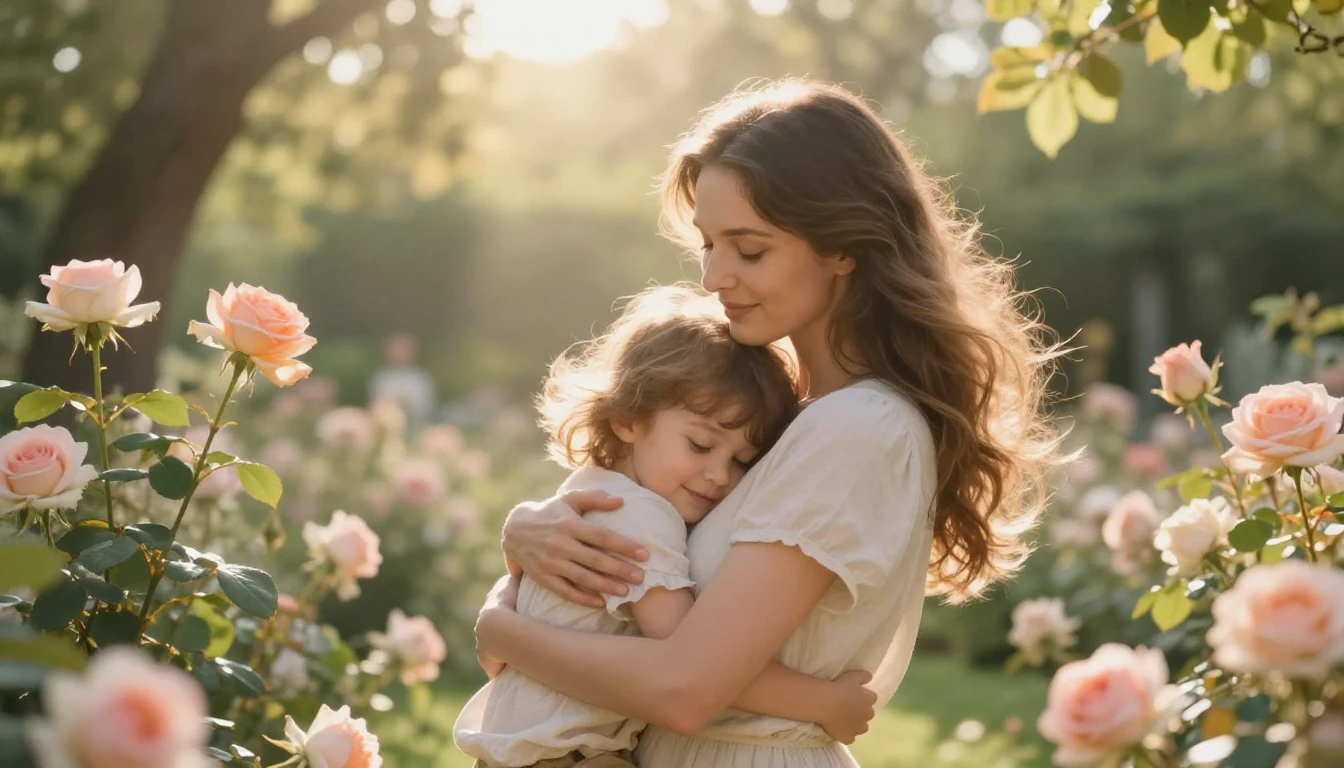 A beautiful and emotional illustration of a gentle mother wa...