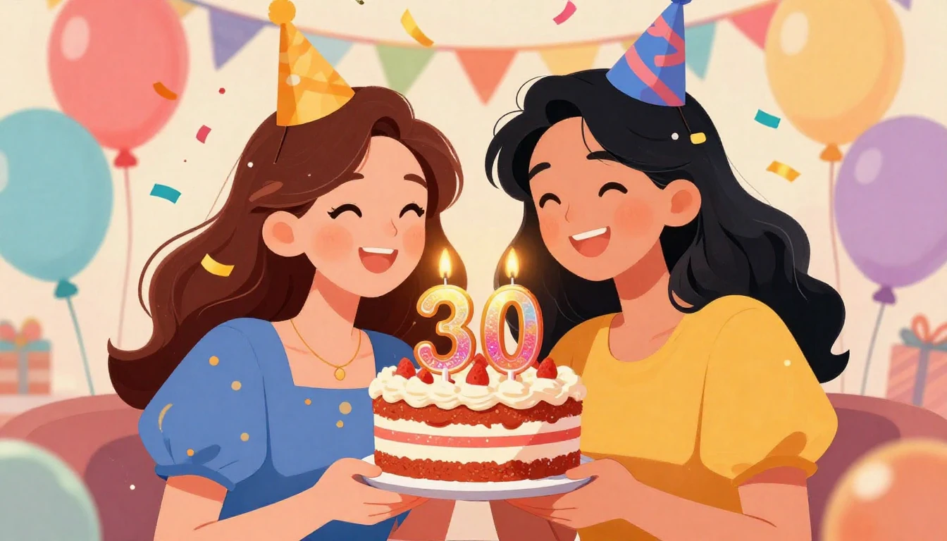 A joyful and vibrant illustration of two best friends celebr...