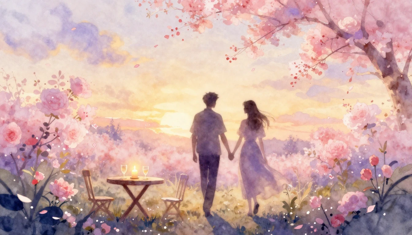 A dreamy watercolor painting of two silhouettes walking hand...