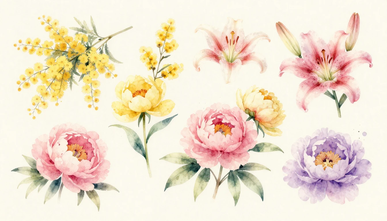 A beautiful watercolor painting of various blooming flowers ...