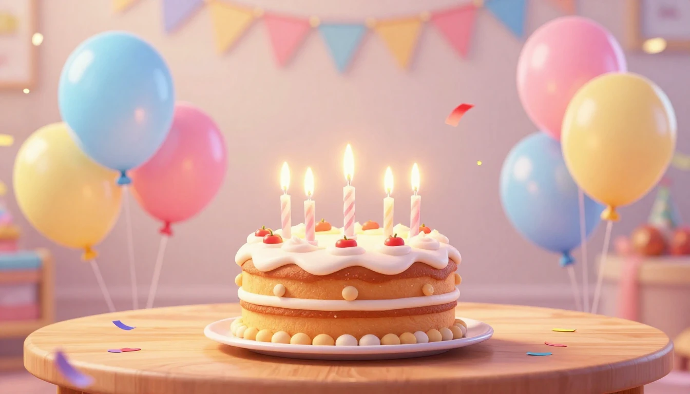 A vibrant and joyful birthday celebration scene in a cute 3D...