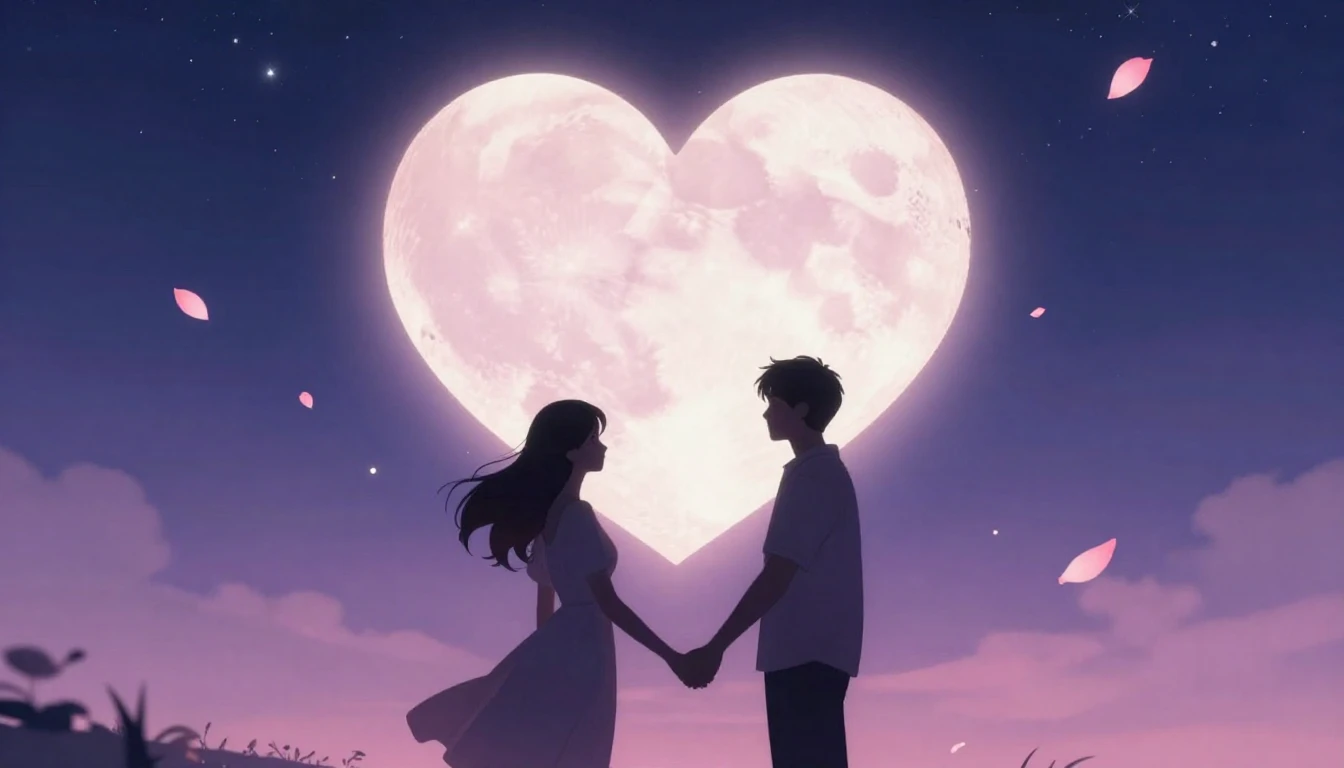 A romantic scene featuring two silhouettes holding hands und...