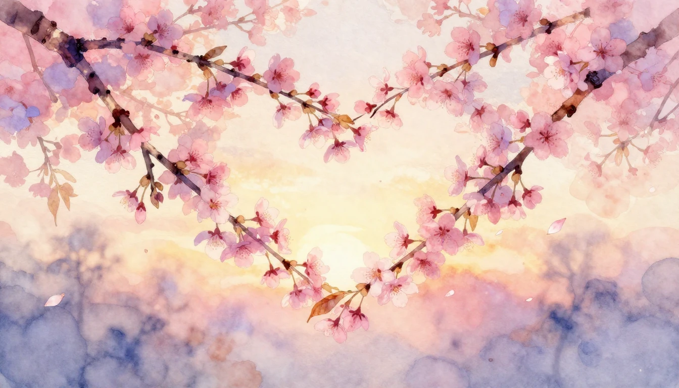 A delicate watercolor painting of two intertwined cherry blo...