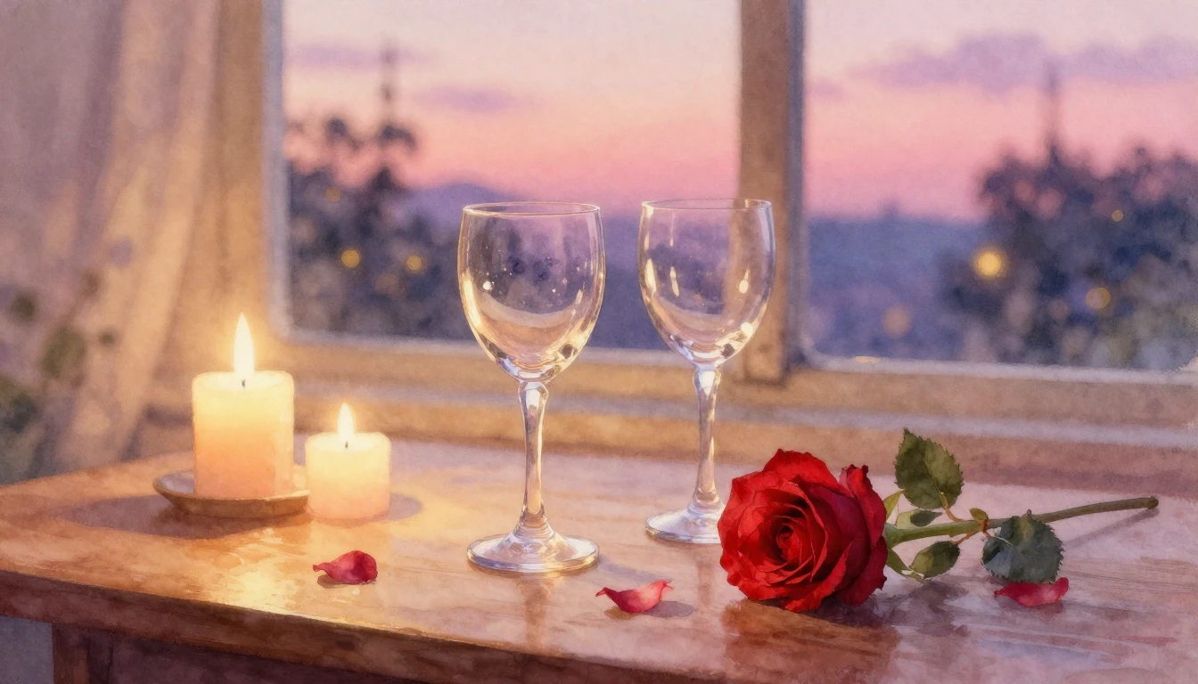 A beautiful watercolor painting of a cozy candlelit scene. T...