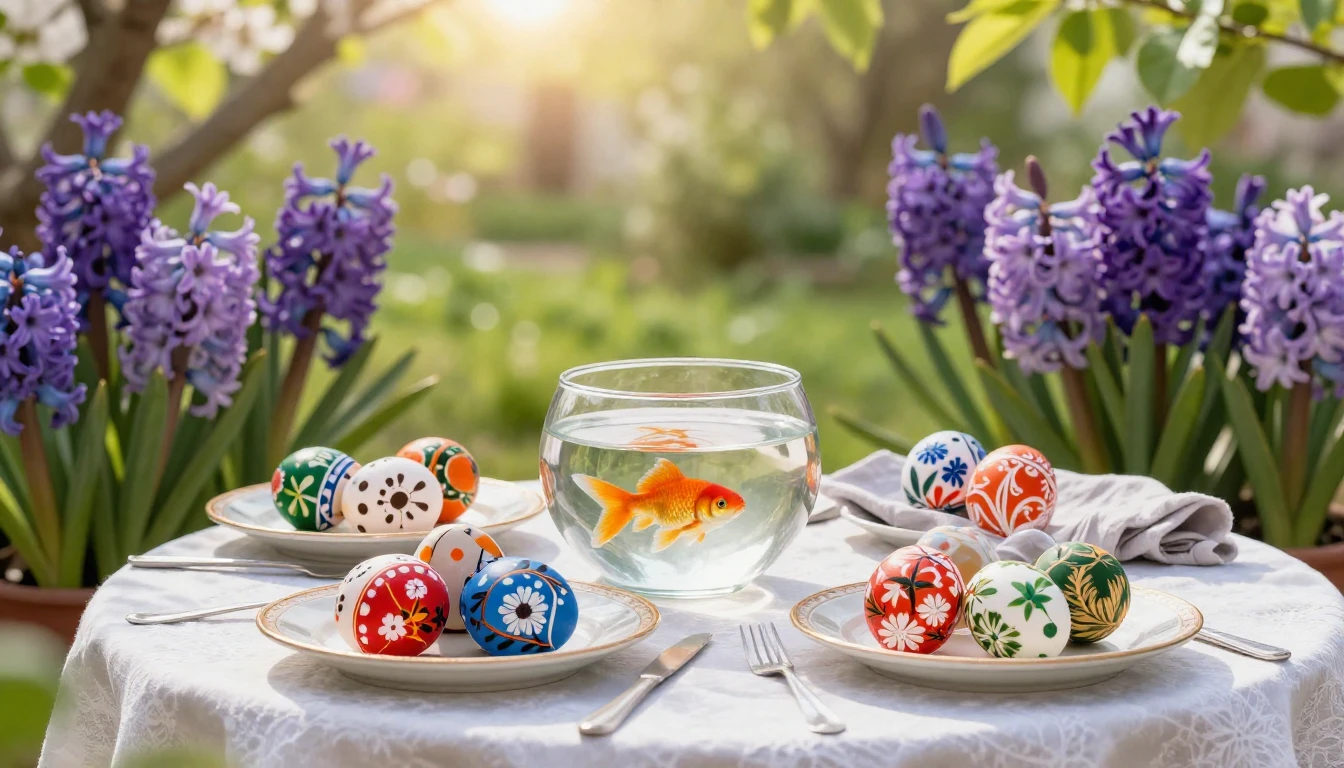 A beautiful traditional Haft-Sin table set in a lush bloomin...