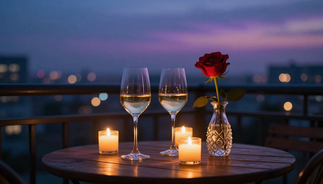 A romantic candlelit setting on a balcony overlooking a soft...