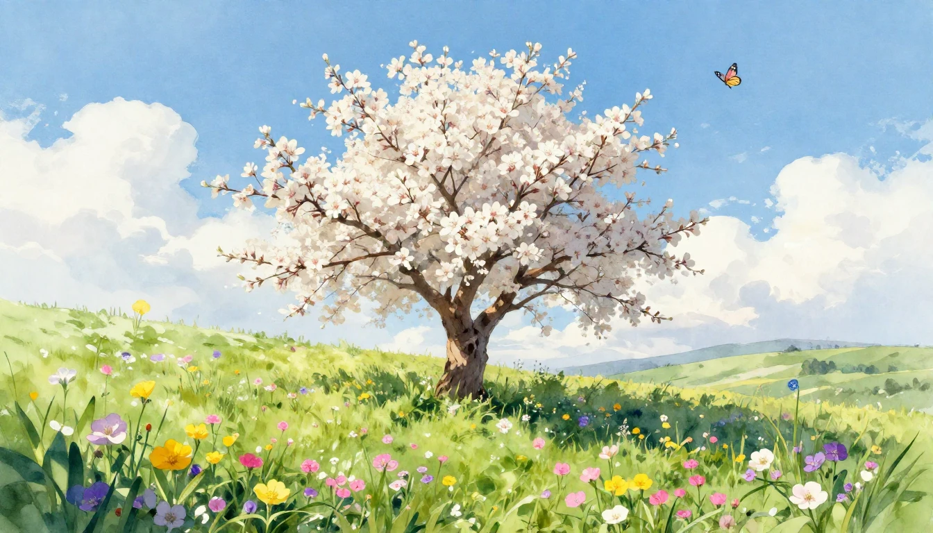 A vibrant and fresh spring landscape in watercolor style. Th...