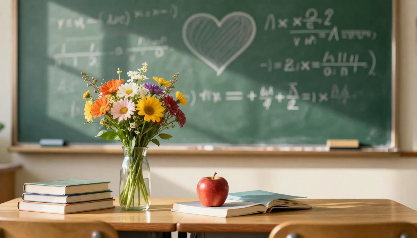 A heartwarming close-up composition on a wooden teacher's de...