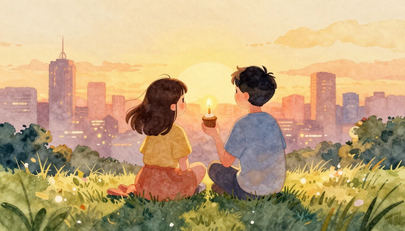 A heartwarming watercolor illustration of two friends sittin...