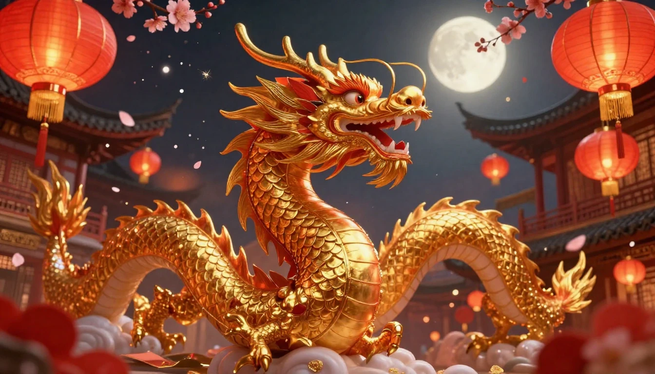 A vibrant scene celebrating the Lunar New Year. A majestic g...