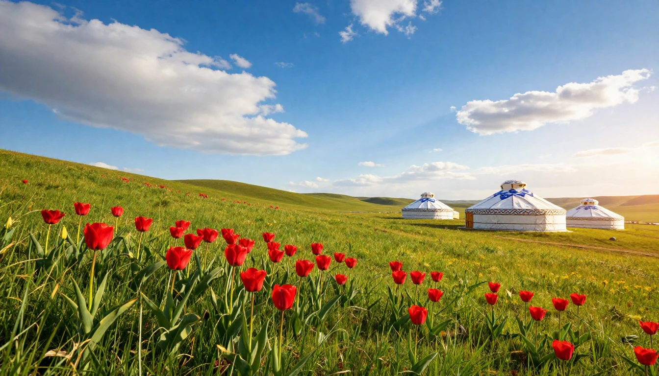 A vibrant landscape of the Kazakh steppe during spring. Lush...