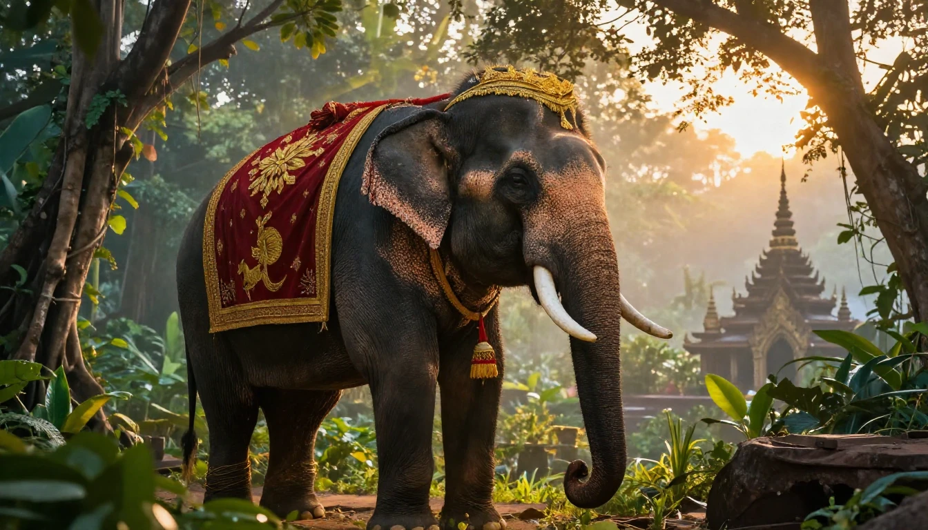 A grand, majestic Asian elephant adorned with traditional Th...