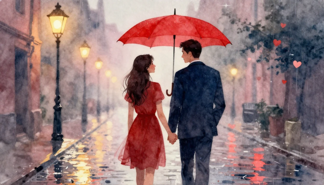 A romantic watercolor painting of a couple holding hands und...