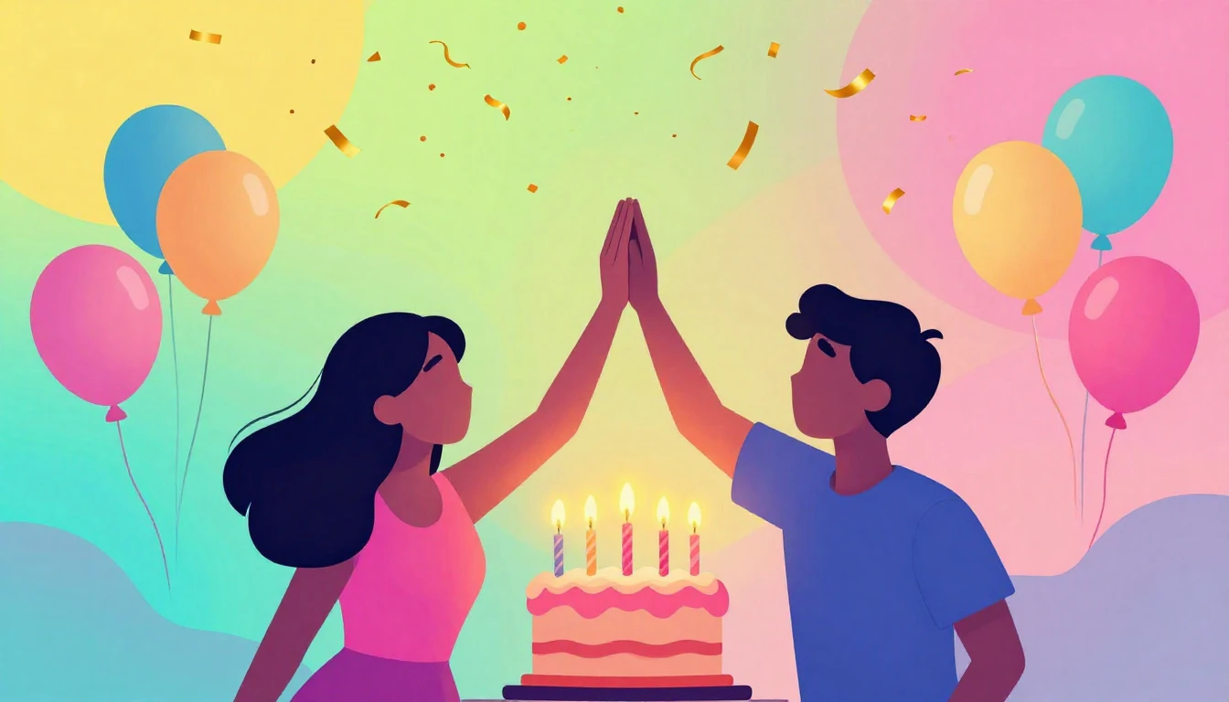 A vibrant and colorful birthday party scene designed in a mo...