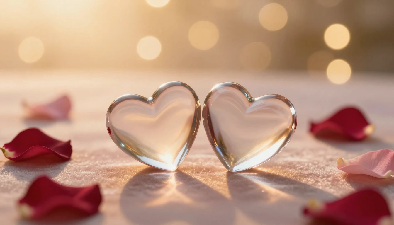 A serene and romantic scene featuring two elegant glass hear...