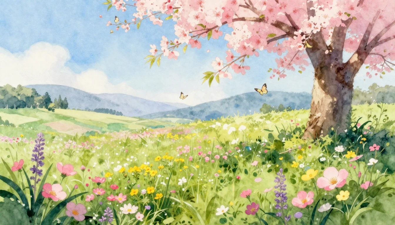 A vibrant watercolor painting of a lush spring meadow filled...