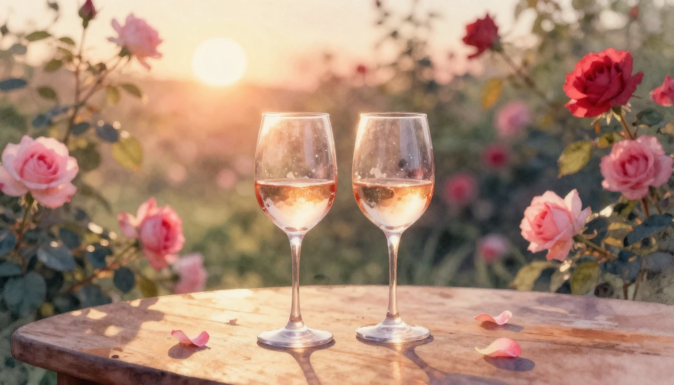 A soft watercolor painting of two elegant wine glasses sitti...