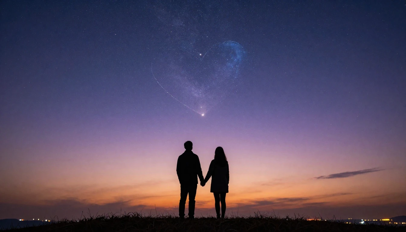 A cinematic wide shot of a silhouette of a couple holding ha...