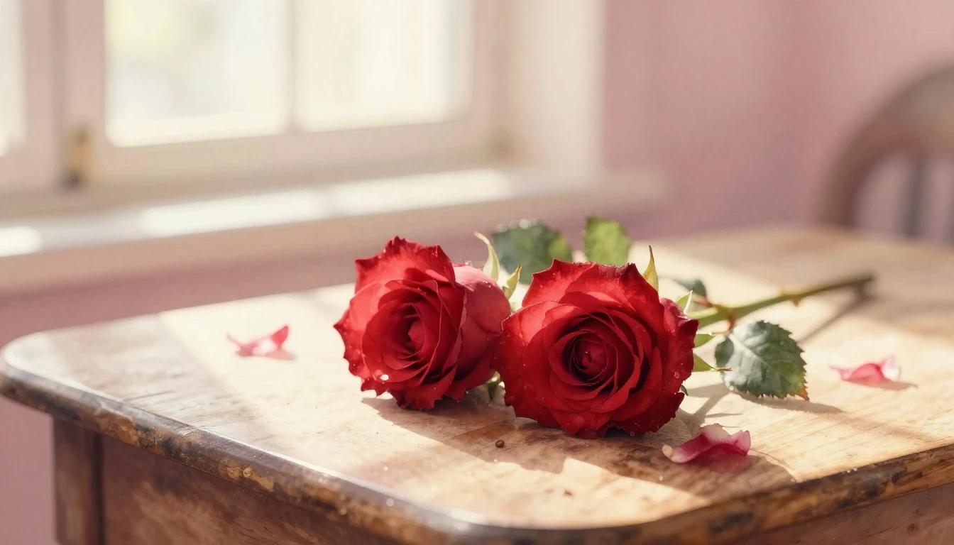 A delicate watercolor painting of two intertwined red roses ...