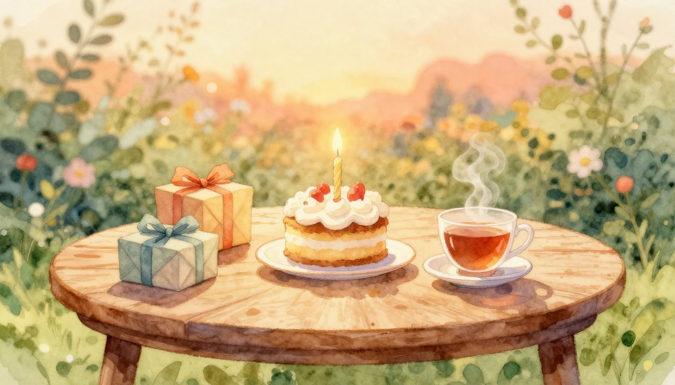 A beautiful watercolor painting of a cozy wooden table set f...