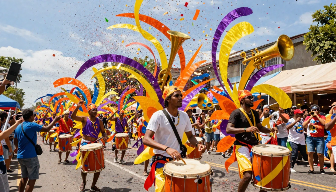 A vibrant and explosive scene of a street festival. Swirls o...