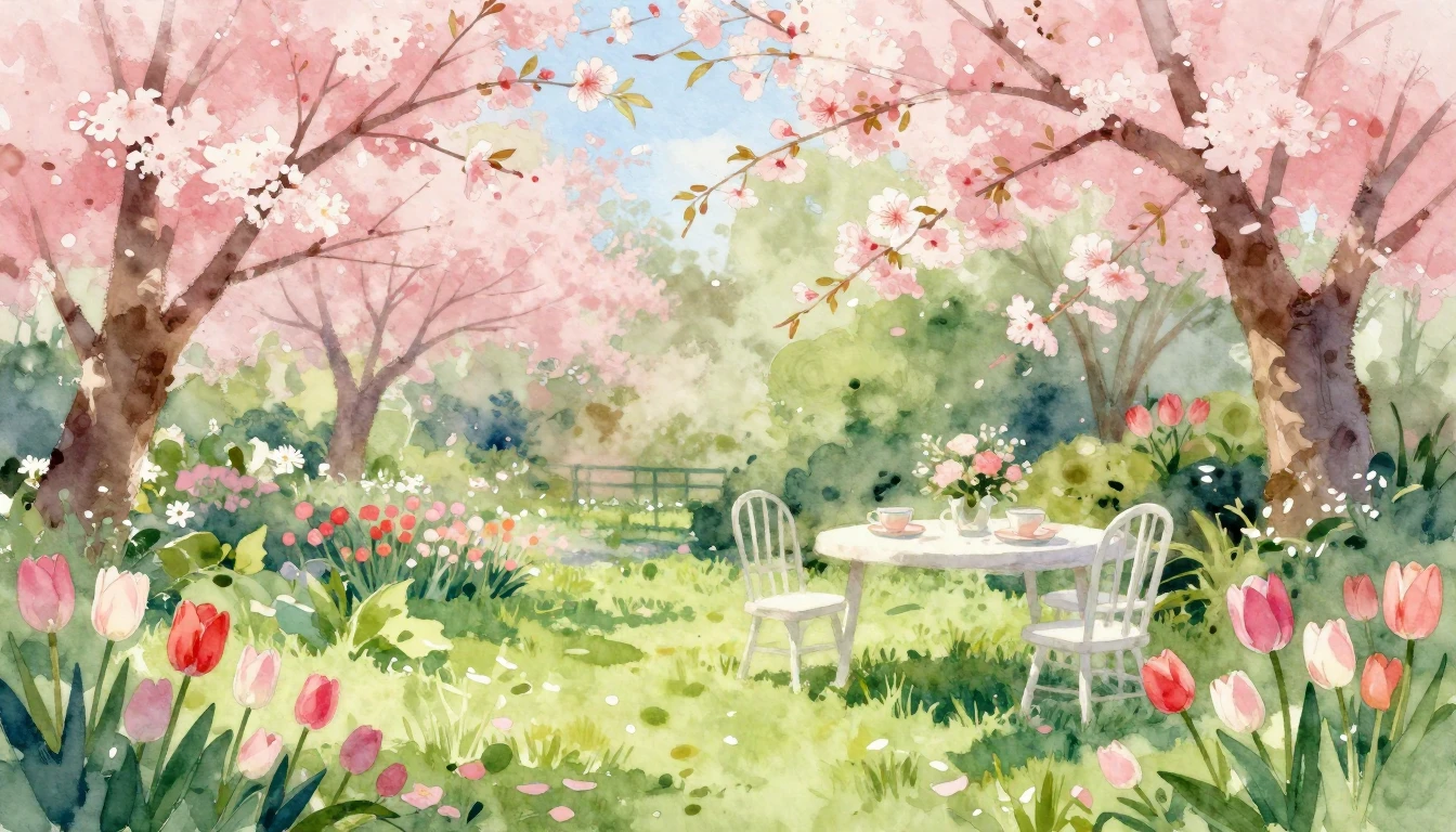A beautiful watercolor painting of a lush spring garden duri...