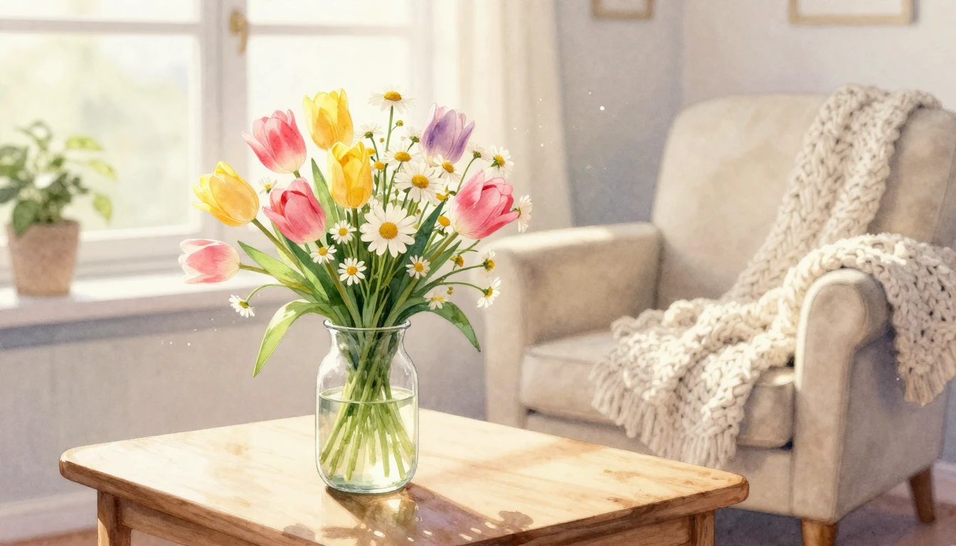 A beautiful watercolor painting of a cozy sunlit living room...