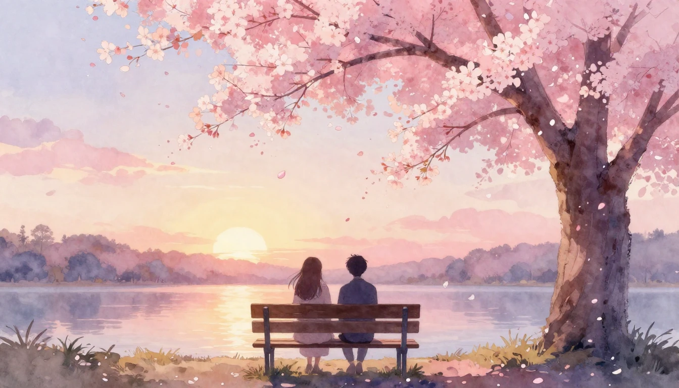 A dreamy watercolor painting of two silhouettes sitting toge...