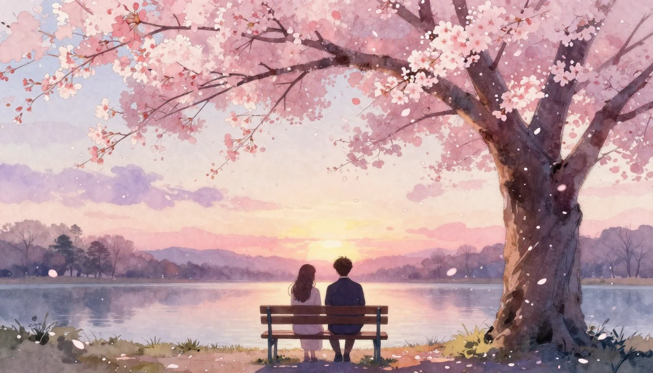 A dreamy and romantic scene featuring two silhouettes of peo...