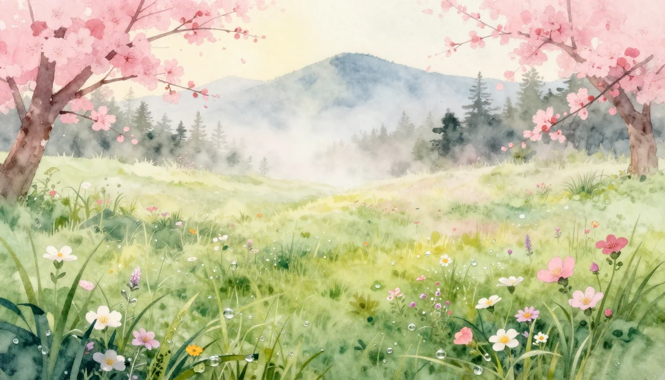 A delicate watercolor painting of a lush meadow at dawn. Sof...
