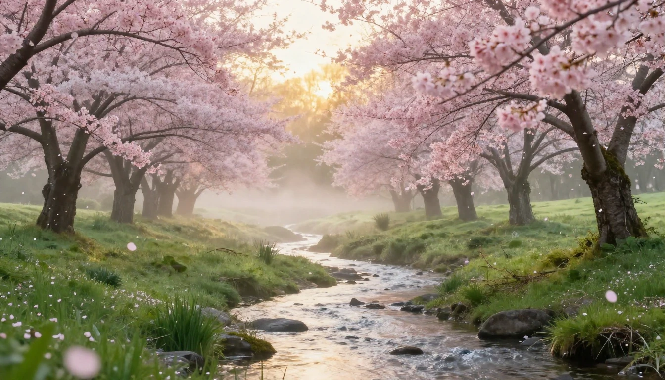 A breathtaking landscape of a lush green valley at dawn duri...