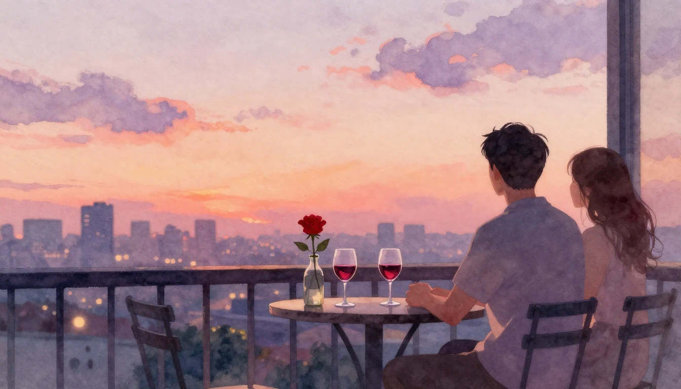 A romantic watercolor painting of a couple sitting on a smal...